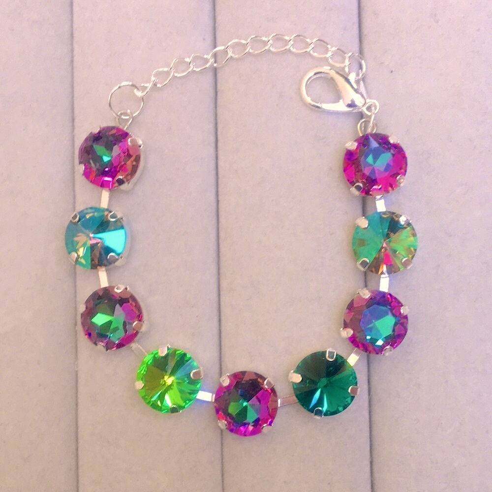 Iridescent Emerald + Fuchsia Heliotrope Silver Crystal Tennis Bracelet - Picture 2 of 8